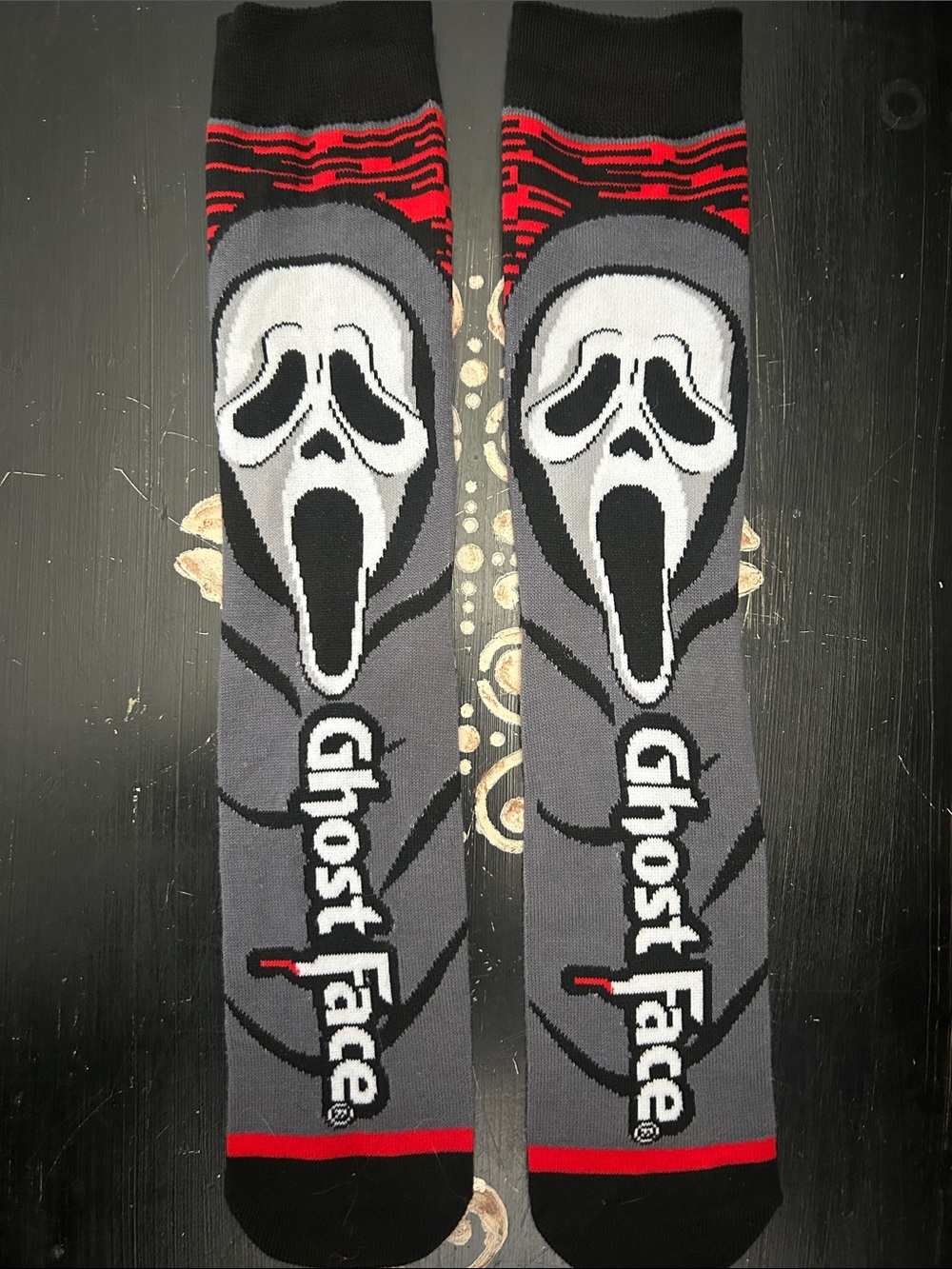 Ghost Face Graphic Crew Socks - Gray, Black & Red